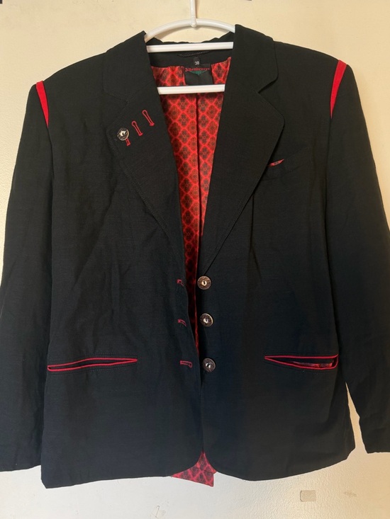 Jackets & Blazers - Black Linen Blend Blazer Red Trim Lined Jacket Size 38 Vintage Style